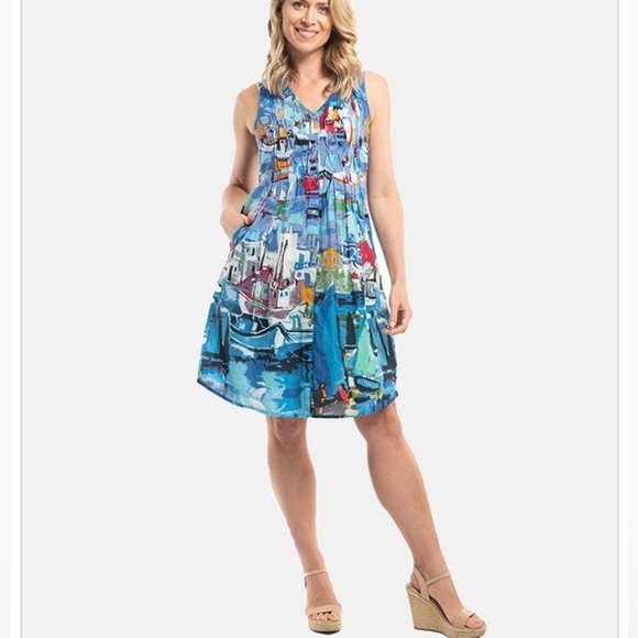 ORIENTQUE Australia‎ Womens Retro Boat Print Crinkle Cotton Dress Size Small - Picture 1 of 16